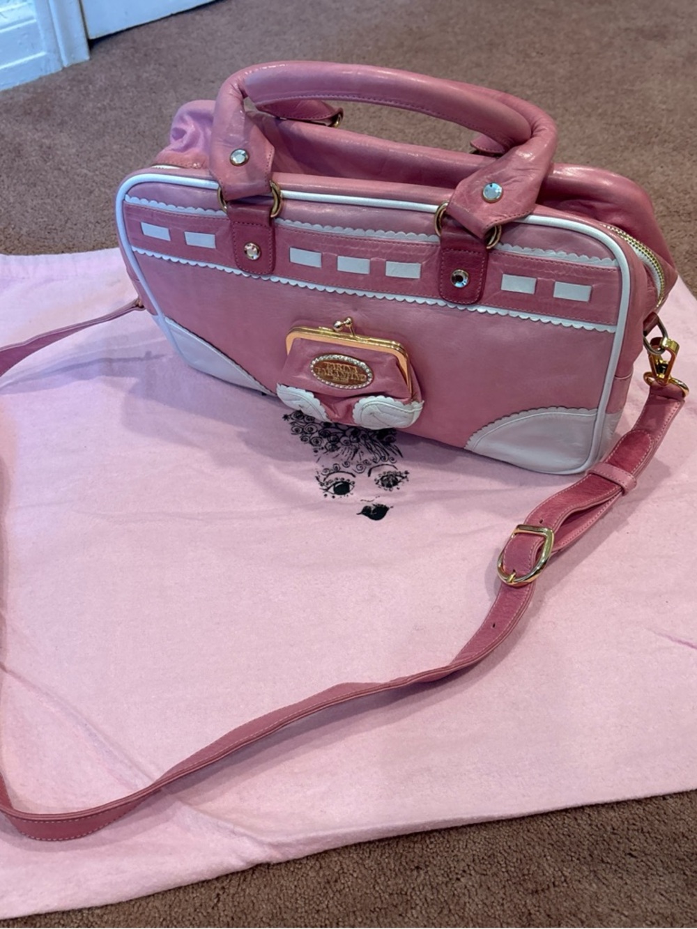 Vintage Tarina Tarantino Pink Women's Satchel Handbag with White Trim leather
